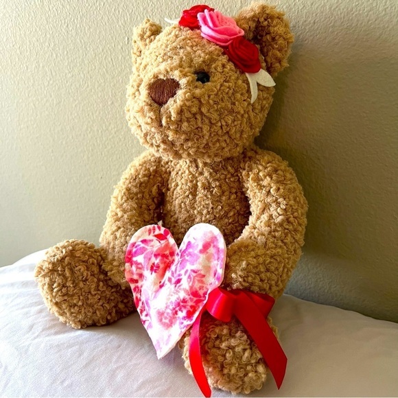 Teddy Bear Valentine’s Day Heart Bow Love Bear Brown Red Toy Fur Stuffed Animal - Picture 1 of 8